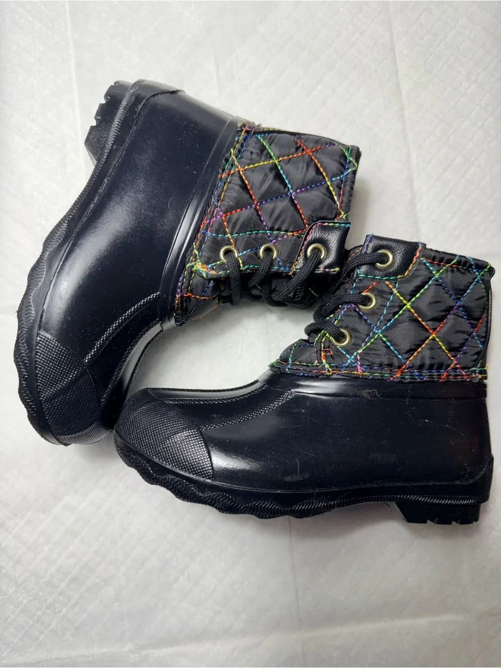 Sperry Black Quilted Rain Boots with Multicolor Stitching NWBox
